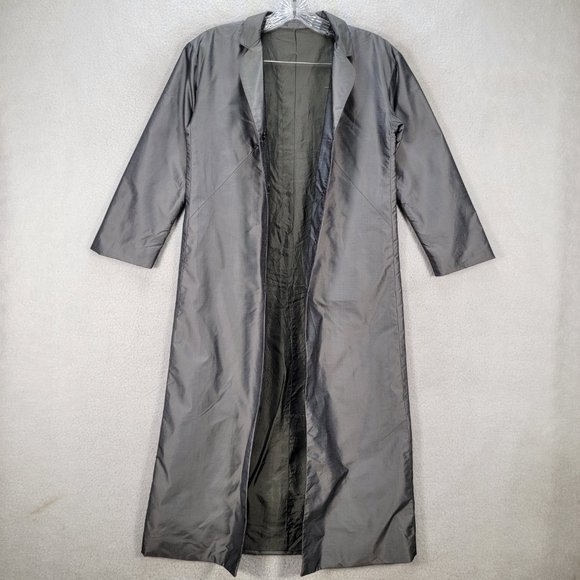 Vtg Chaiken and Capone Gray Shiny Collared 3/4 Sleeve Unique Trench Coat Jacket - Picture 5 of 16